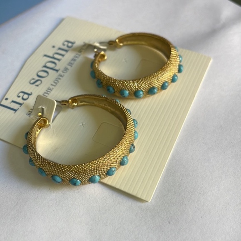 Lia Sophia Vintage Gold Hoops w/ Turquoise